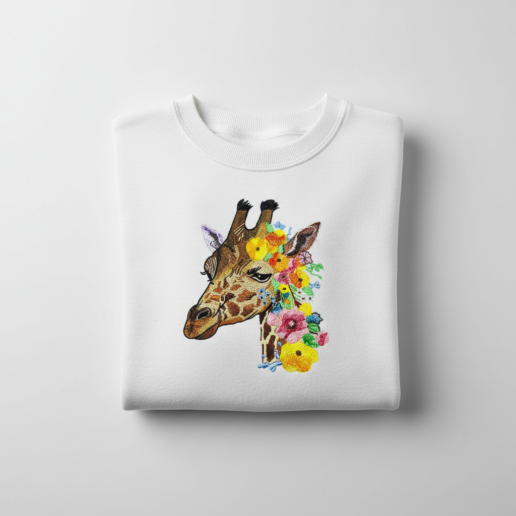 Floral Giraffe Muse — Premium Embroidered Sweatshirt | Original EmbroMania Design