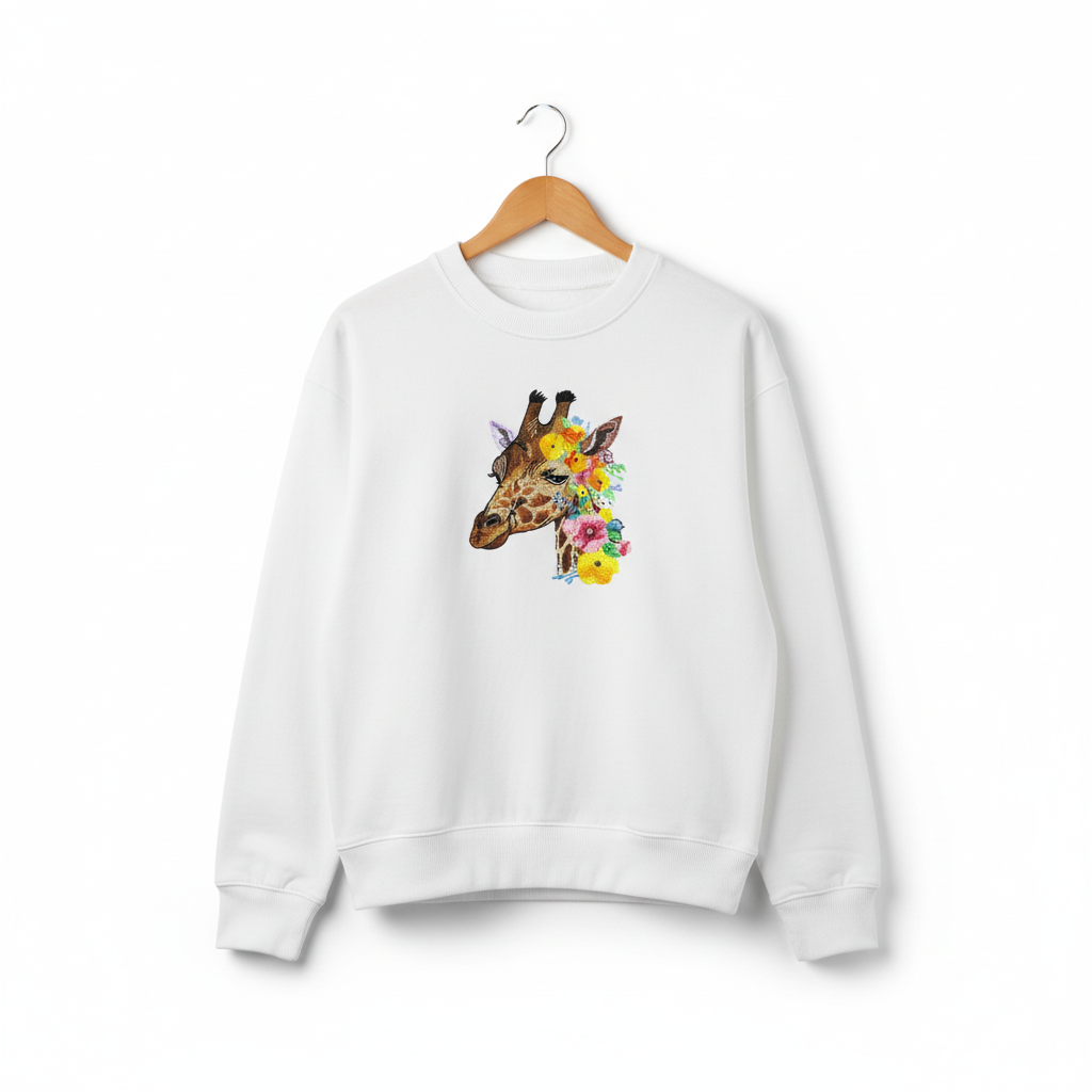 Floral Giraffe Muse — Premium Embroidered Sweatshirt | Original EmbroMania Design