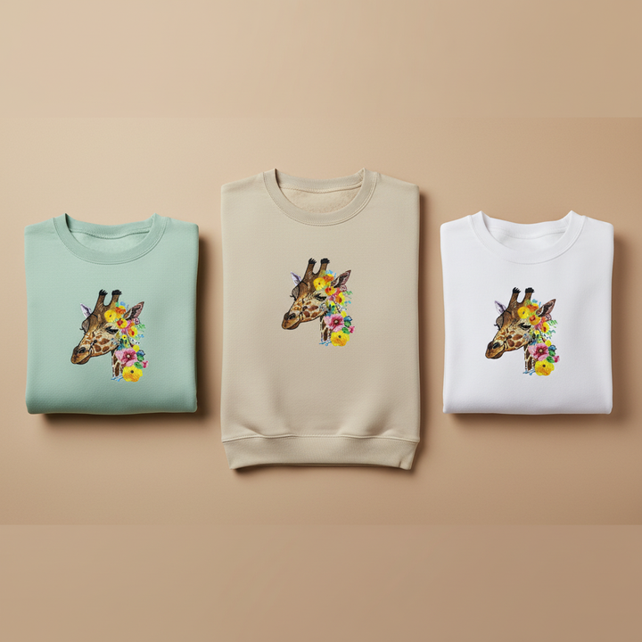 Floral Giraffe Muse — Premium Embroidered Sweatshirt | Original EmbroMania Design