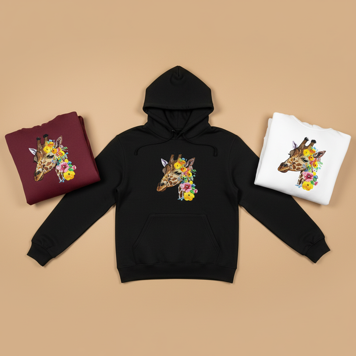 Blooming Giraffe Machine Embroidered Hoodie – Hand Finished in Dubai | EmbroMania