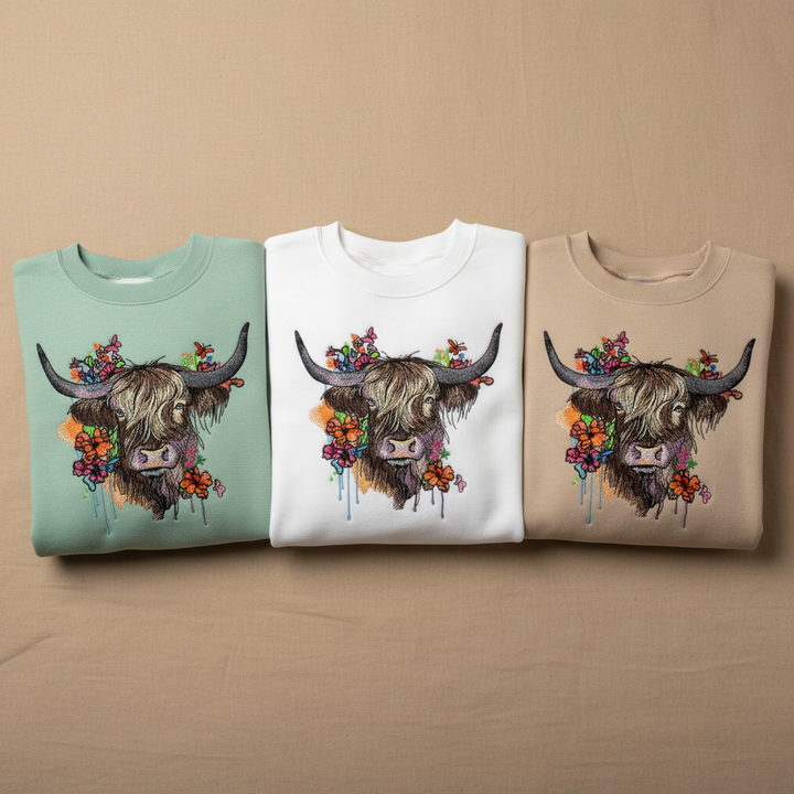 Boho Spirit Floral Highland Cow — Premium Embroidered Sweatshirt | Original EmbroMania Design