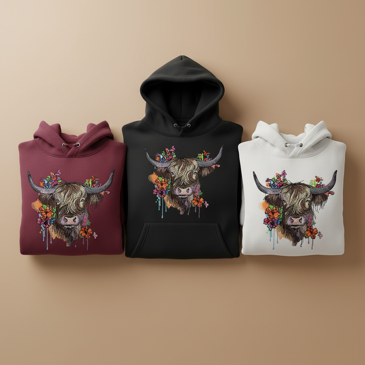 Floral Highland Cow — Premium Embroidered Hoodie | Original EmbroMania Design