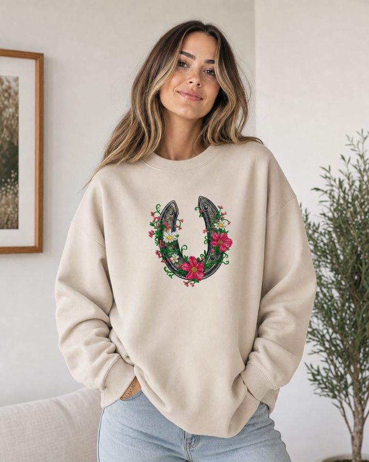 Floral Horseshoe Machine Embroidered Sweatshirt – Hand Finished in Dubai | EmbroMania