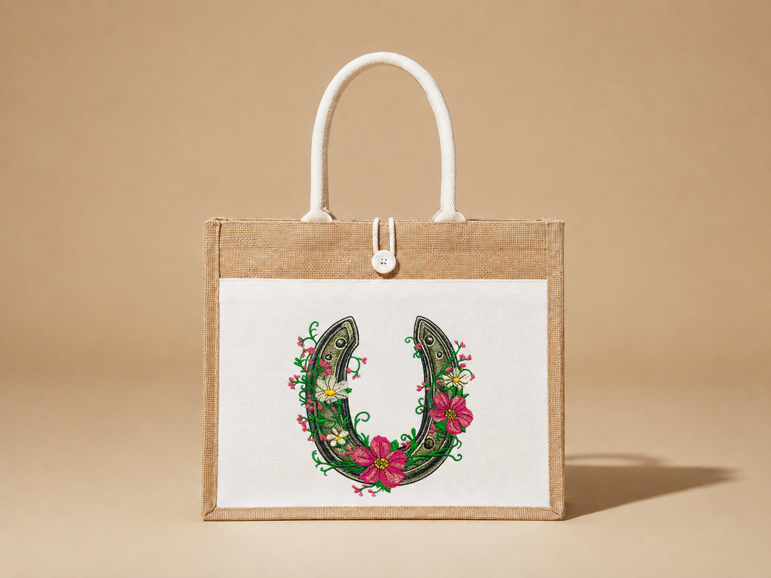 Floral Horseshoe Charm Machine Embroidered Jute Tote – Hand Finished in Dubai | EmbroMania
