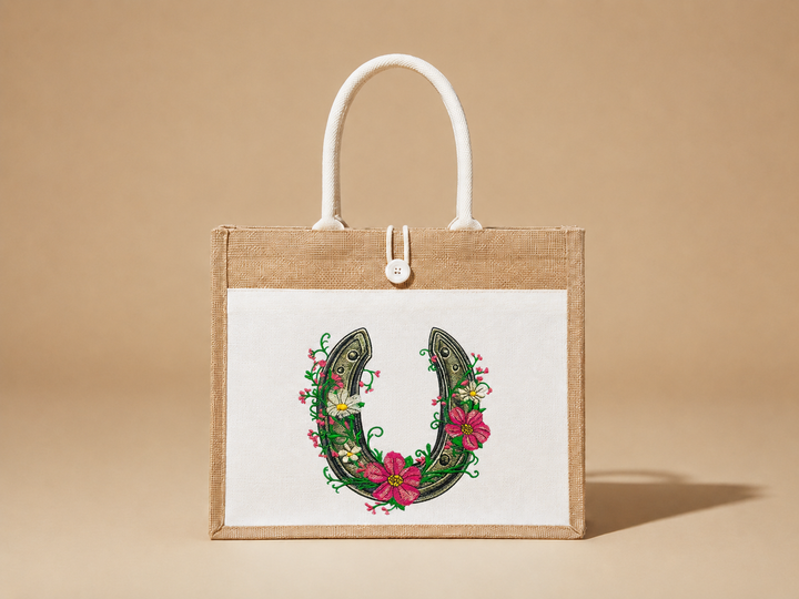Floral Horseshoe Charm Machine Embroidered Jute Tote – Hand Finished in Dubai | EmbroMania