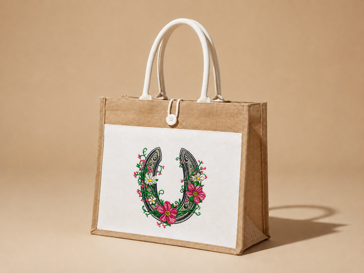 Brown tote bag with a white panel featuring a decorative horseshoe design on a beige background