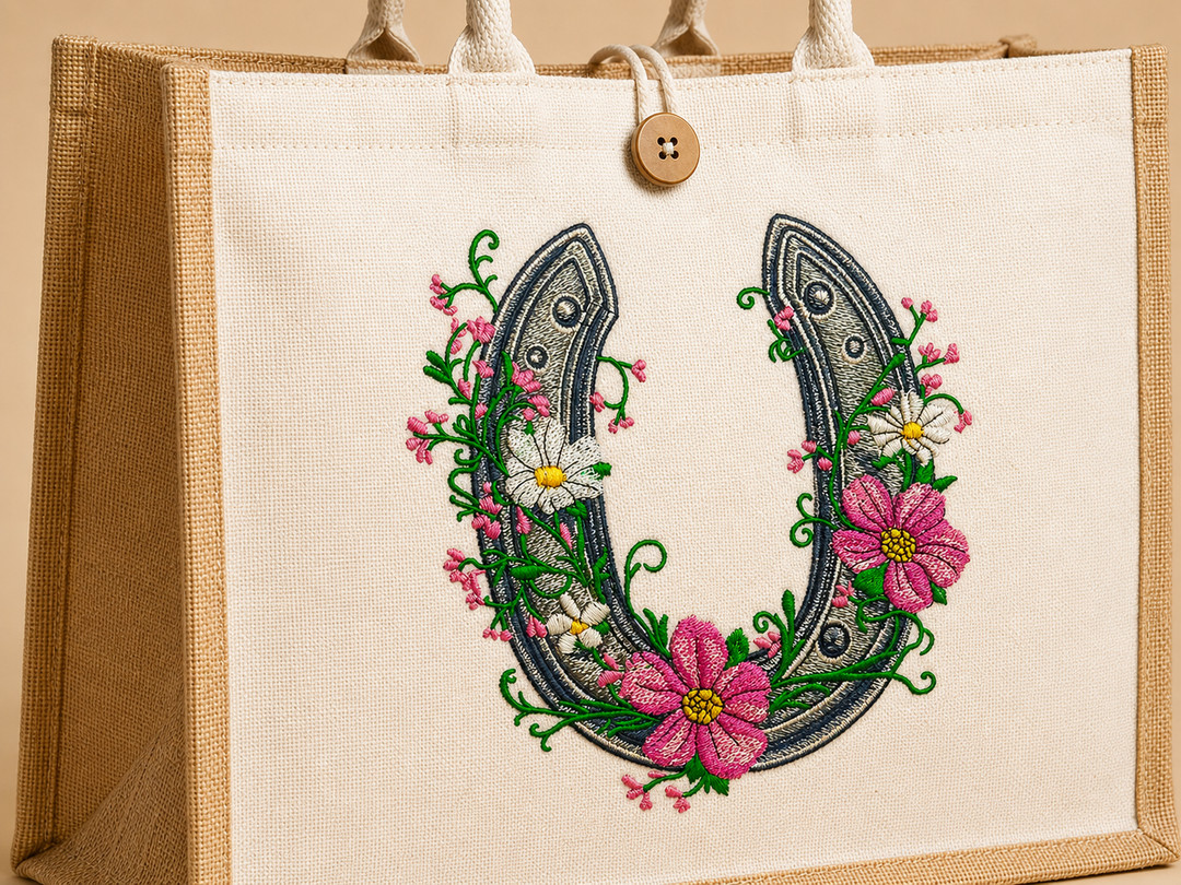 Tote bag with a decorative horseshoe and floral design on a beige background