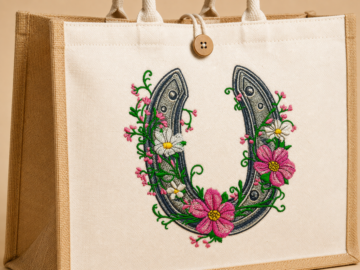 Tote bag with a decorative horseshoe and floral design on a beige background