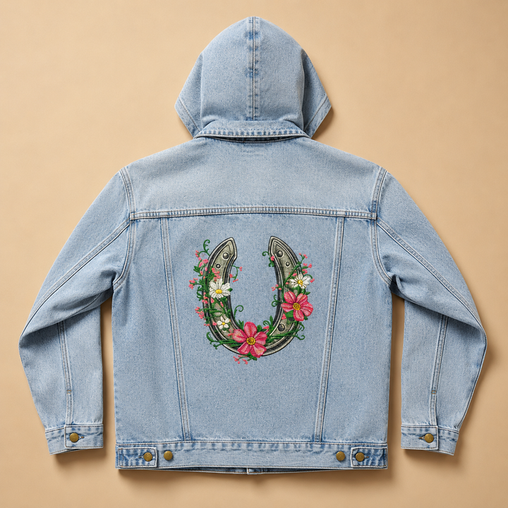 Floral Horseshoe Charm – Denim Hoodie Jacket Mockup | Hand Finished in Dubai