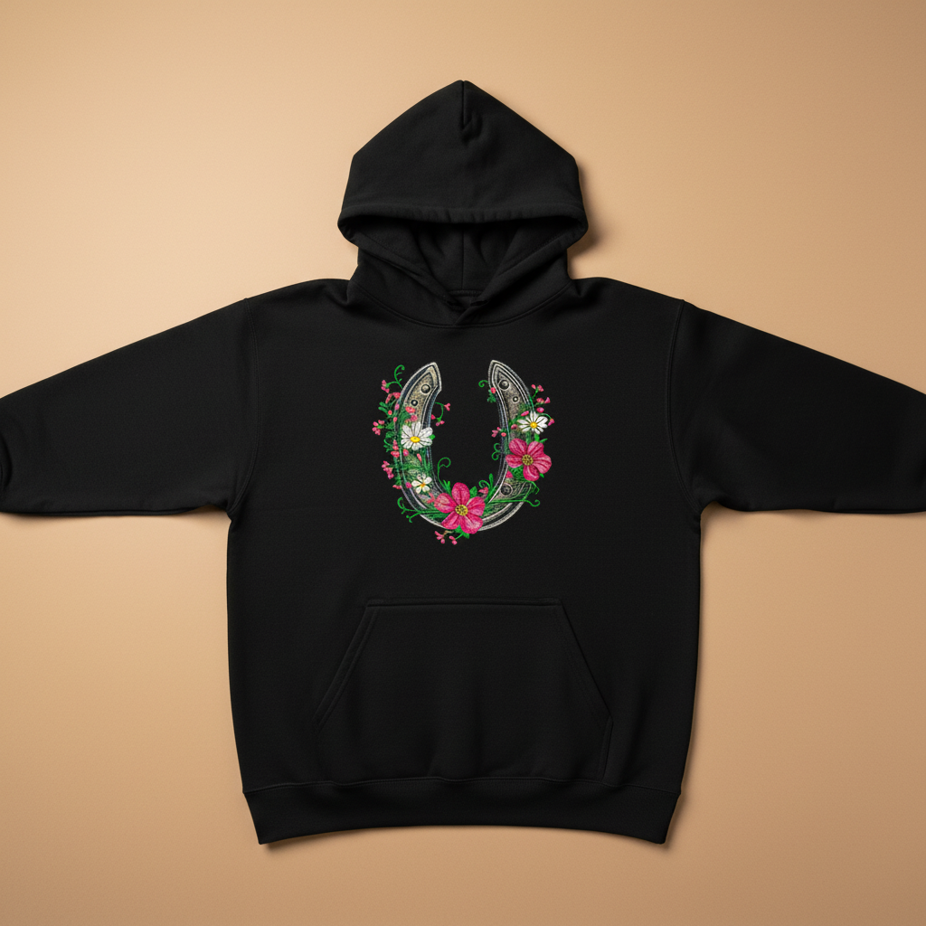Floral Horseshoe Charm — Premium Embroidered Hoodie | Original EmbroMania Design