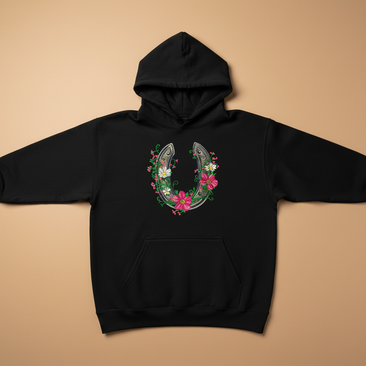 Floral Horseshoe Charm — Premium Embroidered Hoodie | Original EmbroMania Design