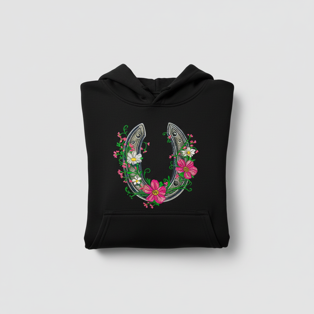 Floral Horseshoe Charm — Premium Embroidered Hoodie | Original EmbroMania Design