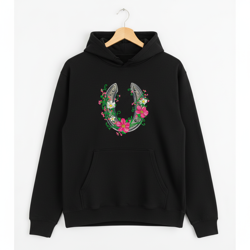 Floral Horseshoe Charm — Premium Embroidered Hoodie | Original EmbroMania Design