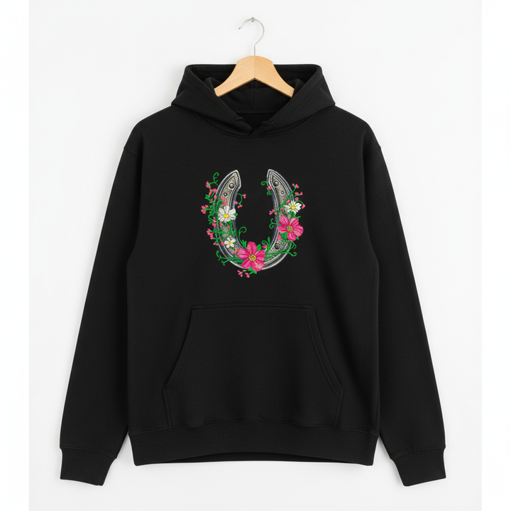 Floral Horseshoe Charm — Premium Embroidered Hoodie | Original EmbroMania Design