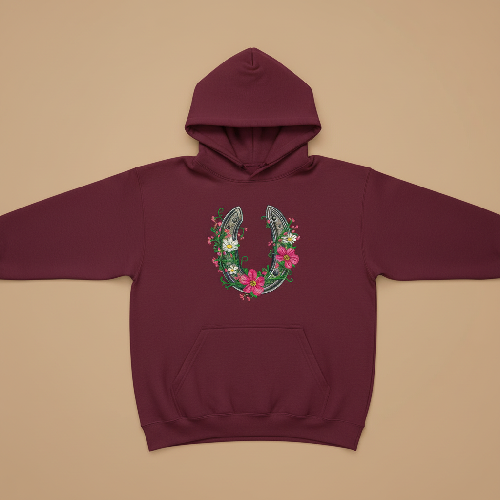 Floral Horseshoe Charm — Premium Embroidered Hoodie | Original EmbroMania Design