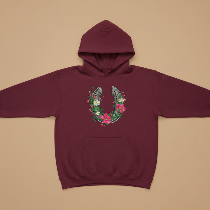 Floral Horseshoe Charm — Premium Embroidered Hoodie | Original EmbroMania Design