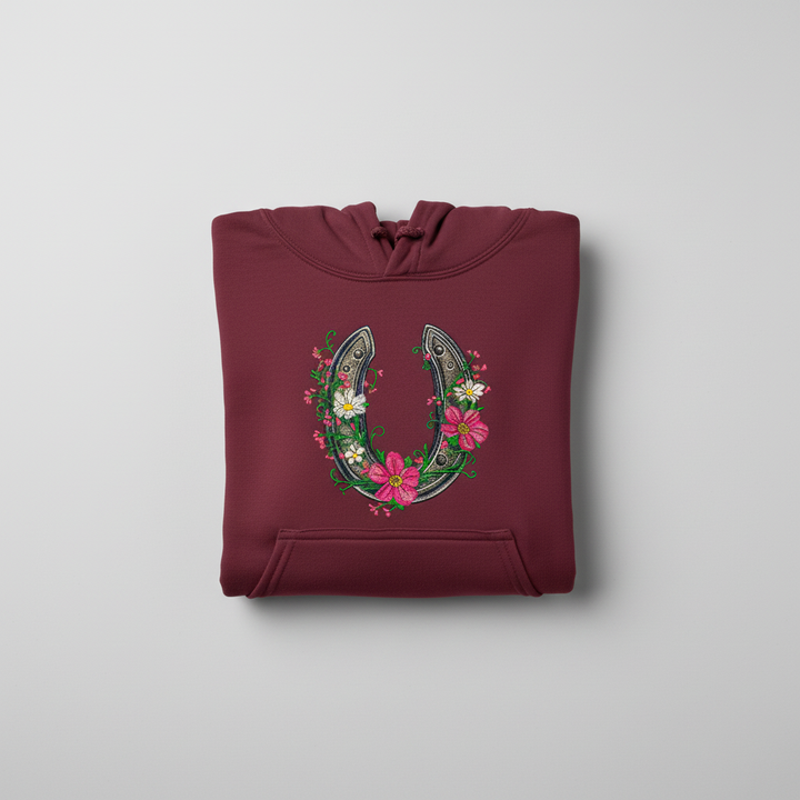 Floral Horseshoe Charm — Premium Embroidered Hoodie | Original EmbroMania Design