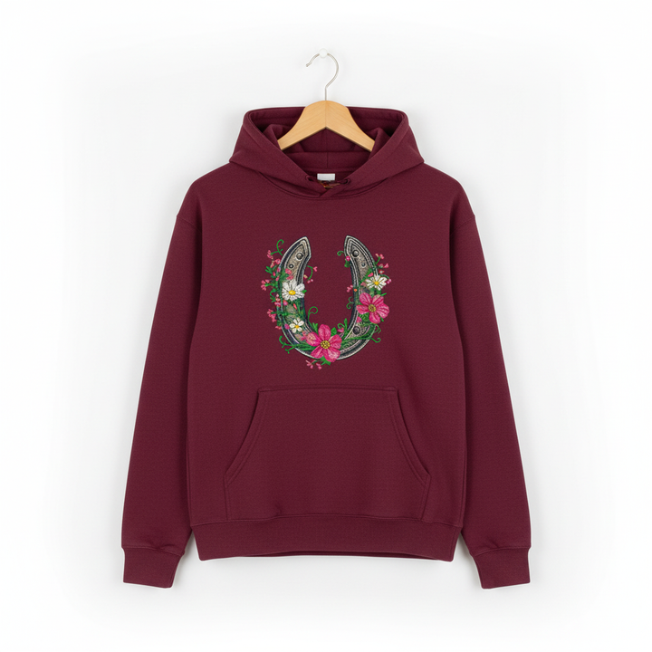 Floral Horseshoe Charm — Premium Embroidered Hoodie | Original EmbroMania Design