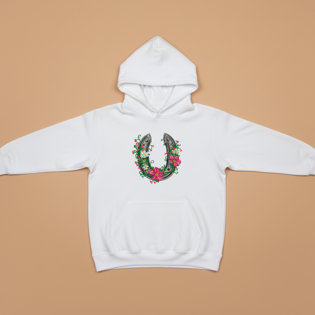 Floral Horseshoe Charm — Premium Embroidered Hoodie | Original EmbroMania Design