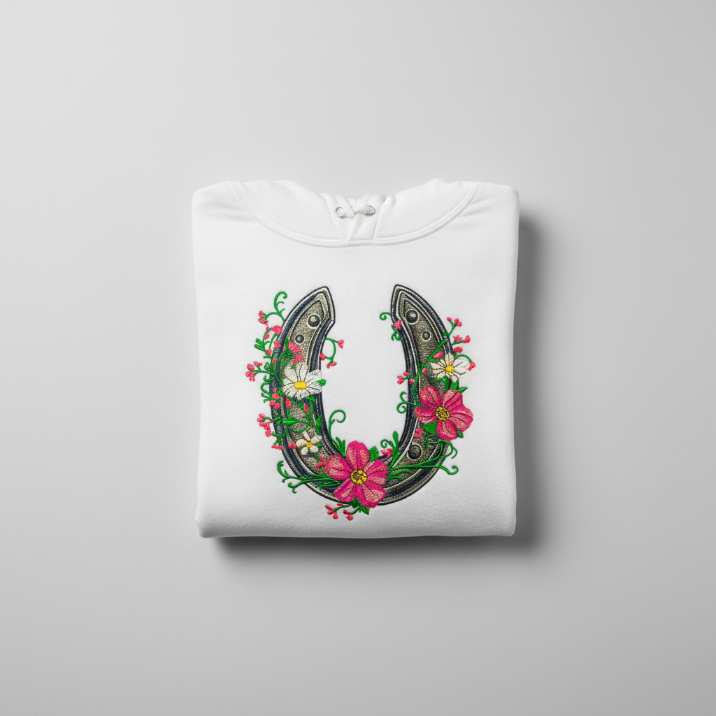 Floral Horseshoe Charm — Premium Embroidered Hoodie | Original EmbroMania Design