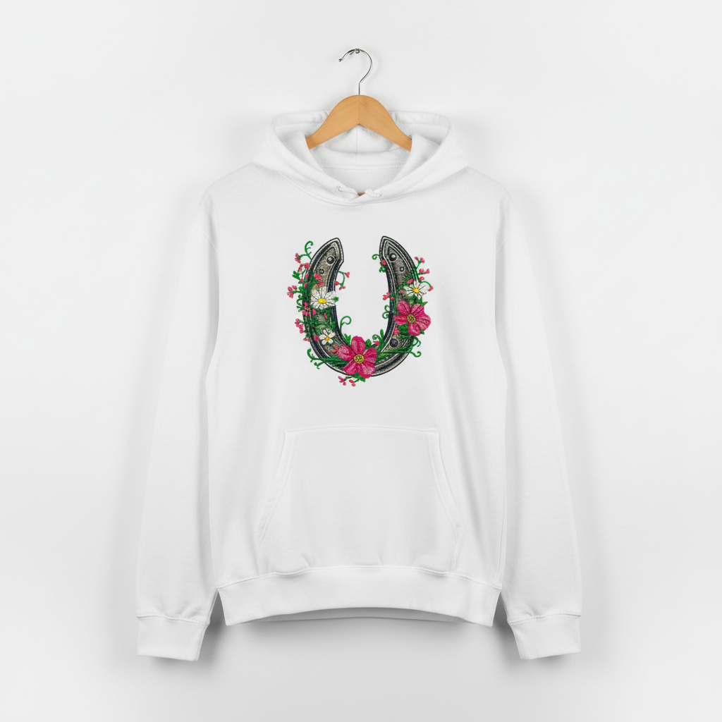 Floral Horseshoe Charm — Premium Embroidered Hoodie | Original EmbroMania Design