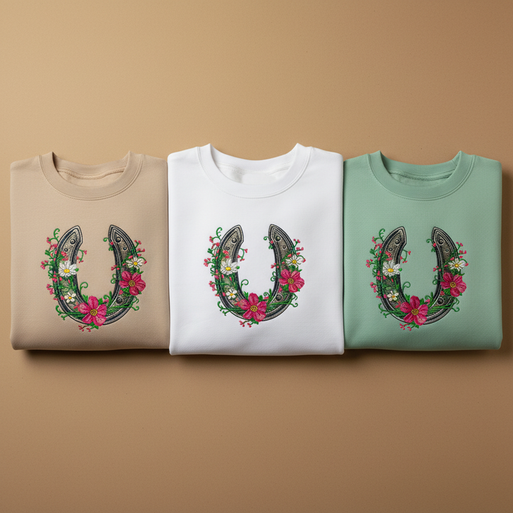 Floral Horseshoe Charm — Premium Embroidered Sweatshirt | Original EmbroMania Design
