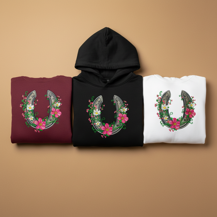 Floral Horseshoe Charm — Premium Embroidered Hoodie | Original EmbroMania Design