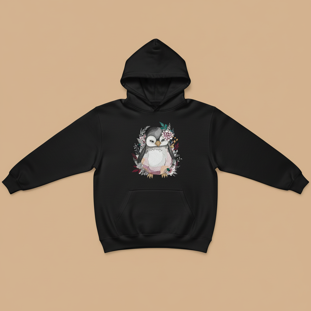 Floral Penguin — Premium Embroidered Hoodie | Original EmbroMania Design