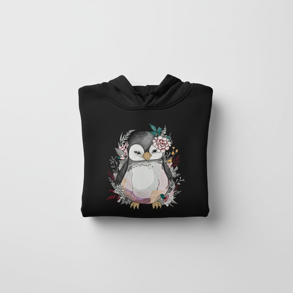Floral Penguin — Premium Embroidered Hoodie | Original EmbroMania Design