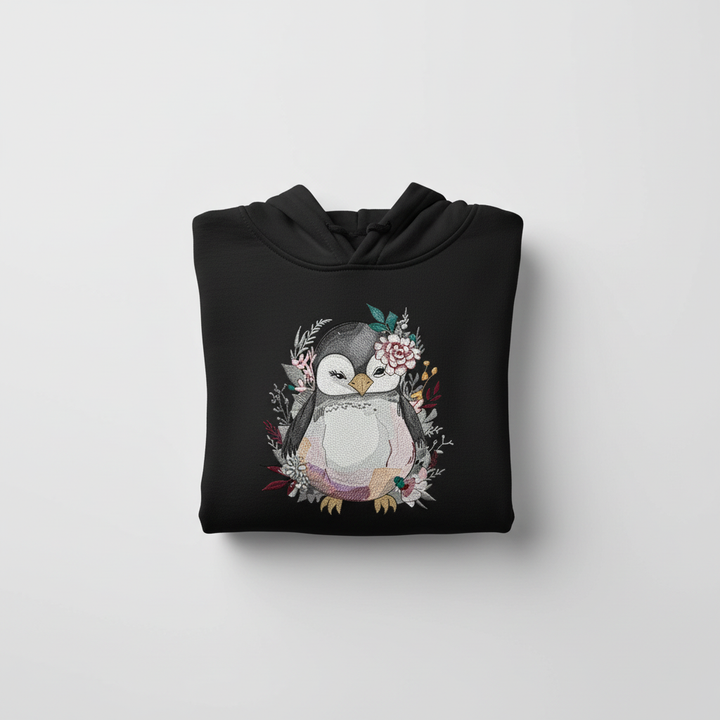 Floral Penguin — Premium Embroidered Hoodie | Original EmbroMania Design