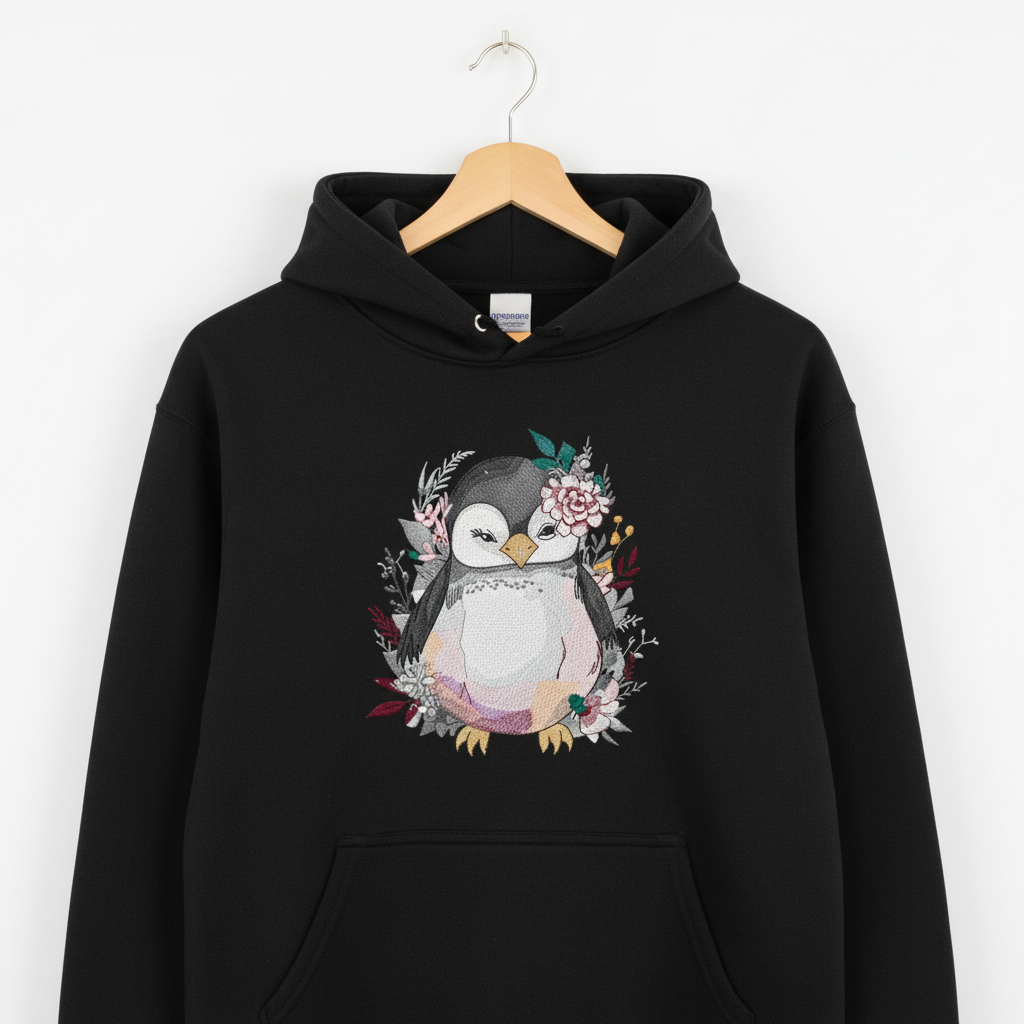 Floral Penguin — Premium Embroidered Hoodie | Original EmbroMania Design