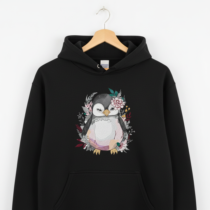 Floral Penguin — Premium Embroidered Hoodie | Original EmbroMania Design