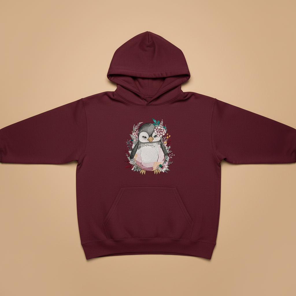 Floral Penguin — Premium Embroidered Hoodie | Original EmbroMania Design
