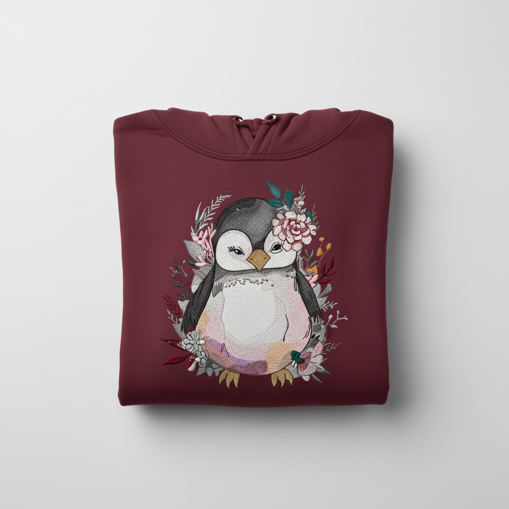 Floral Penguin — Premium Embroidered Hoodie | Original EmbroMania Design