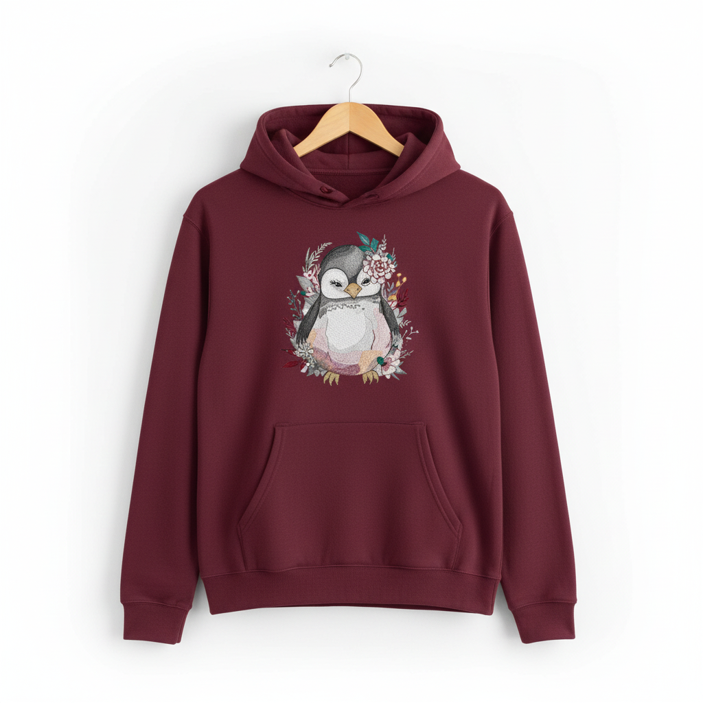 Floral Penguin — Premium Embroidered Hoodie | Original EmbroMania Design