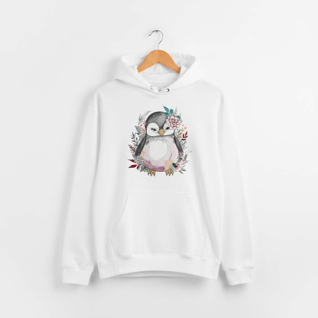 Floral Penguin — Premium Embroidered Hoodie | Original EmbroMania Design