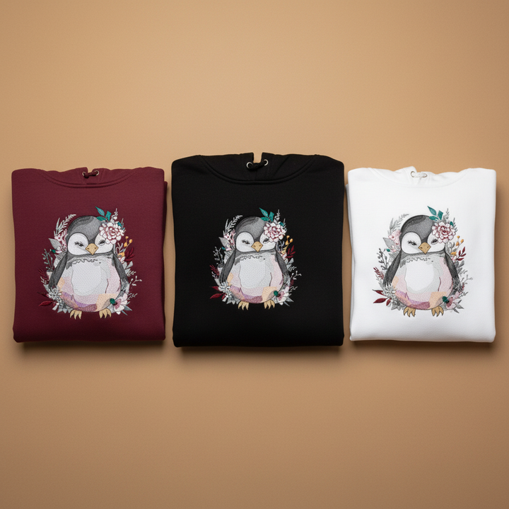 Floral Penguin — Premium Embroidered Hoodie | Original EmbroMania Design
