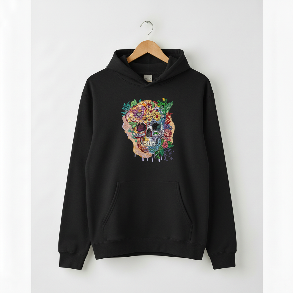 Floral Skull Garden — Premium Embroidered Hoodie | Original EmbroMania Design