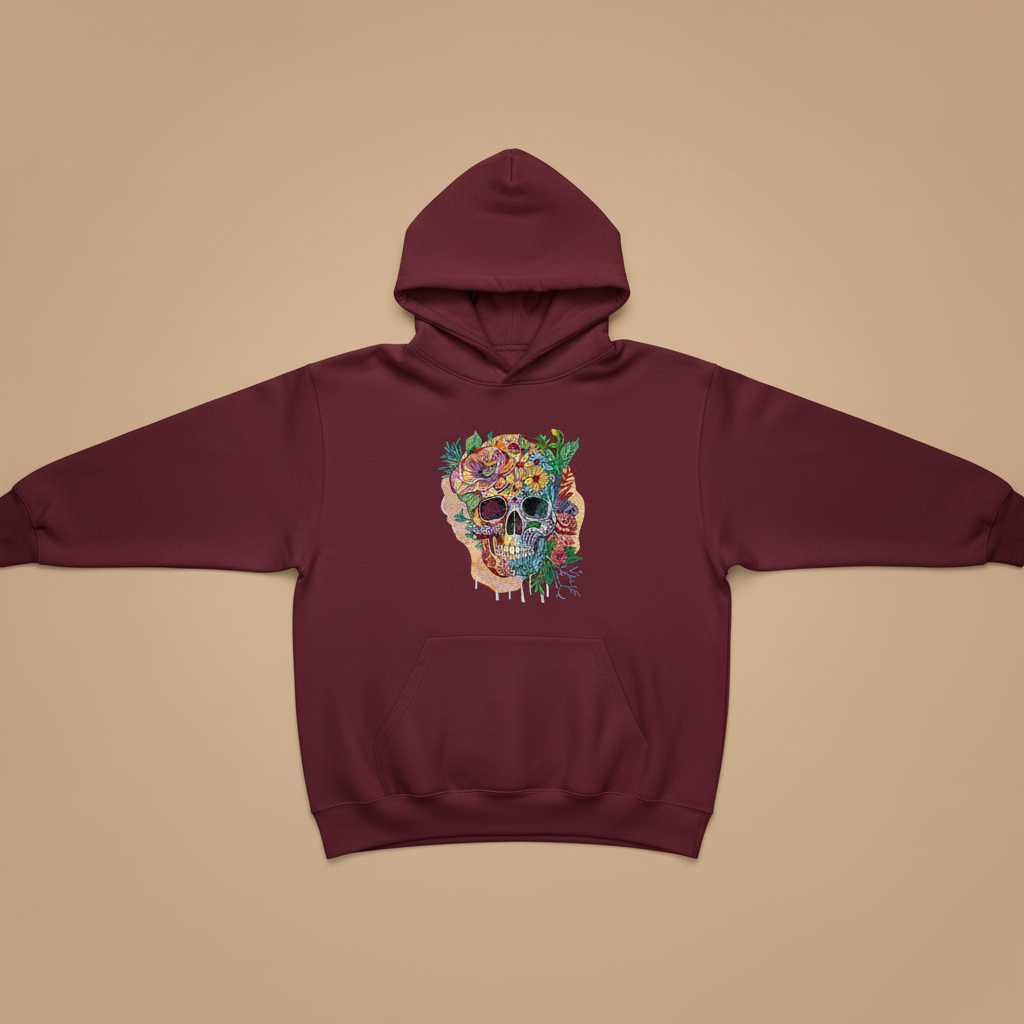Floral Skull Garden — Premium Embroidered Hoodie | Original EmbroMania Design
