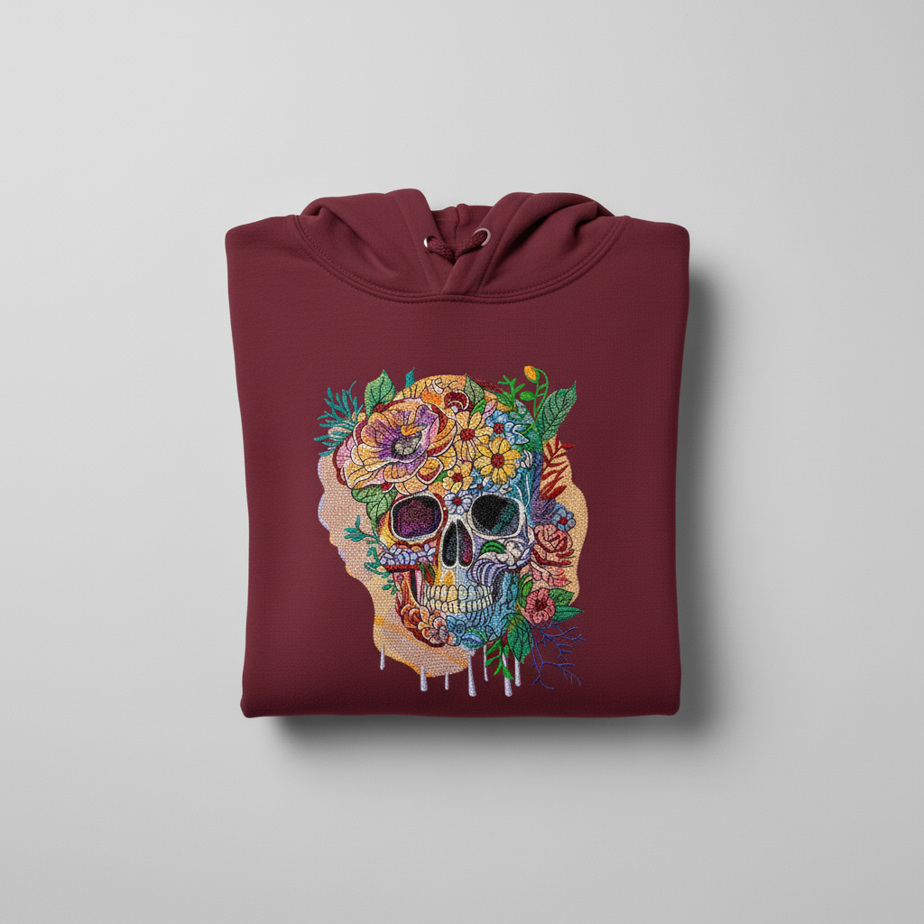 Floral Skull Garden — Premium Embroidered Hoodie | Original EmbroMania Design