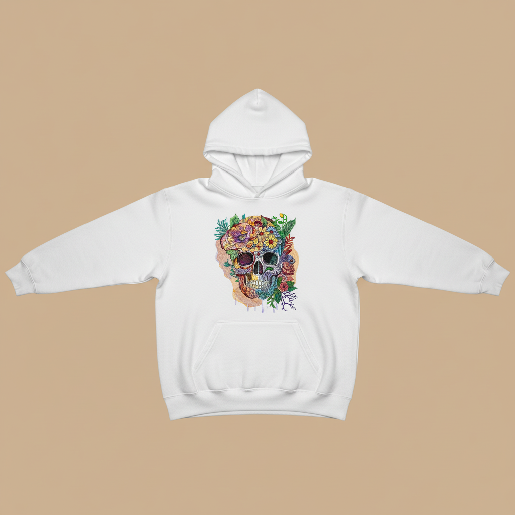 Floral Skull Garden — Premium Embroidered Hoodie | Original EmbroMania Design