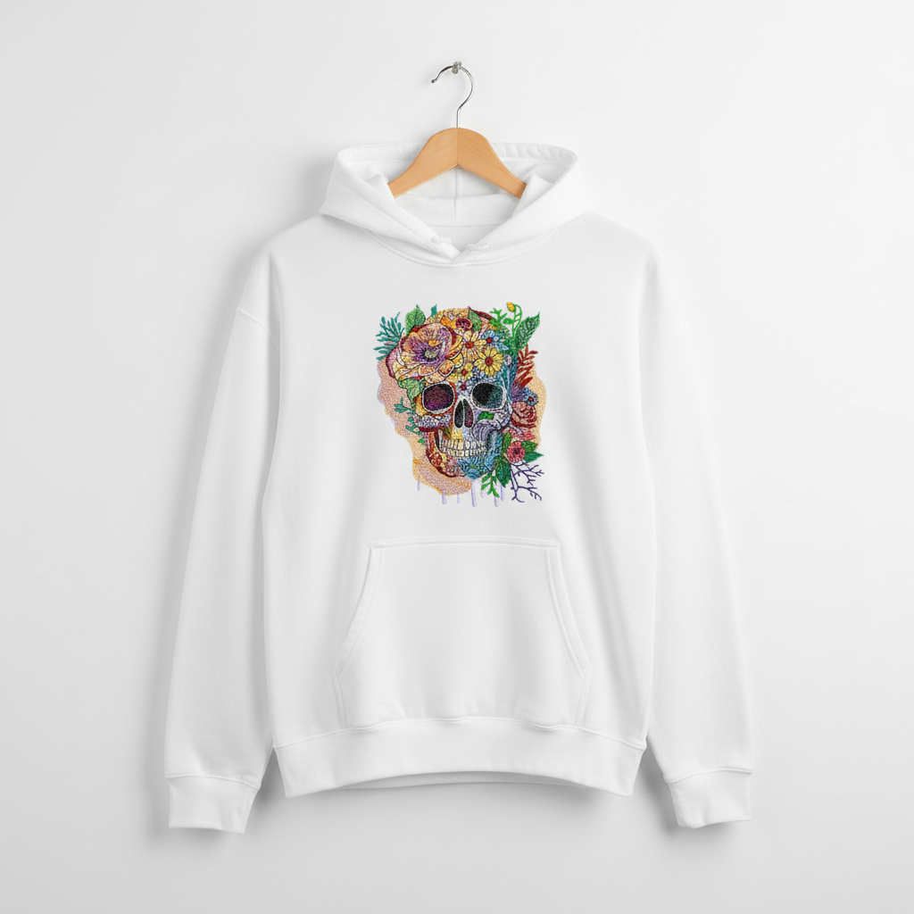 Floral Skull Garden — Premium Embroidered Hoodie | Original EmbroMania Design