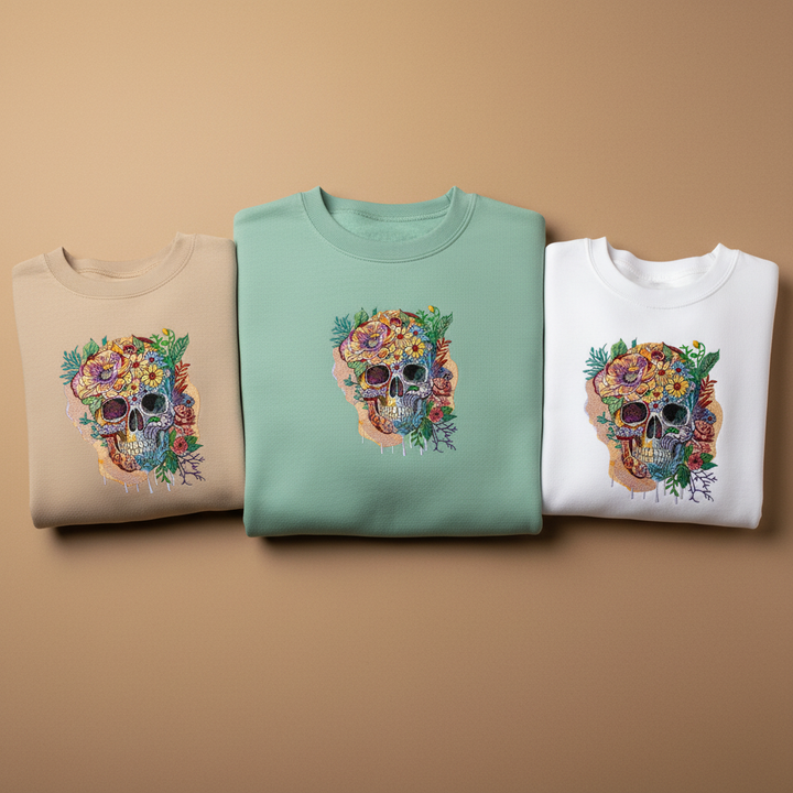 Art Statement Floral Sugar Skull — Premium Embroidered Sweatshirt | Original EmbroMania Design