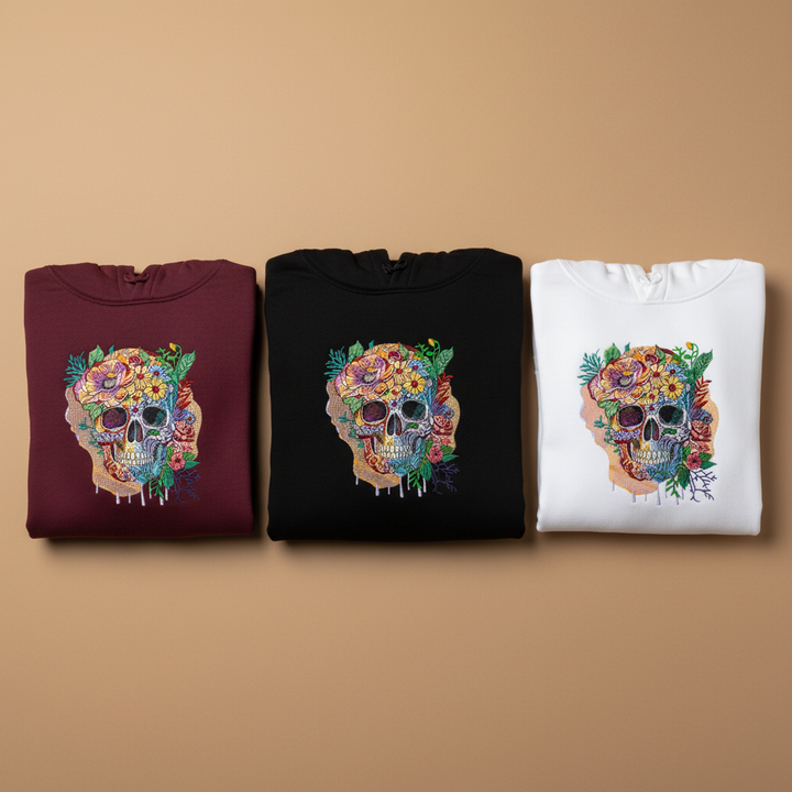 Floral Skull Garden — Premium Embroidered Hoodie | Original EmbroMania Design