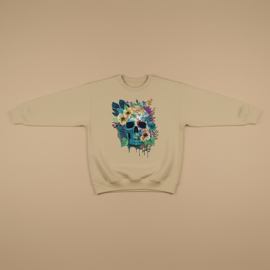 Floral Blue Skull Machine Embroidered Sweatshirt – Hand Finished in Dubai | EmbroMania