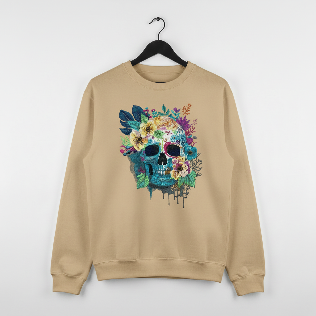 Floral Blue Skull Machine Embroidered Sweatshirt – Hand Finished in Dubai | EmbroMania