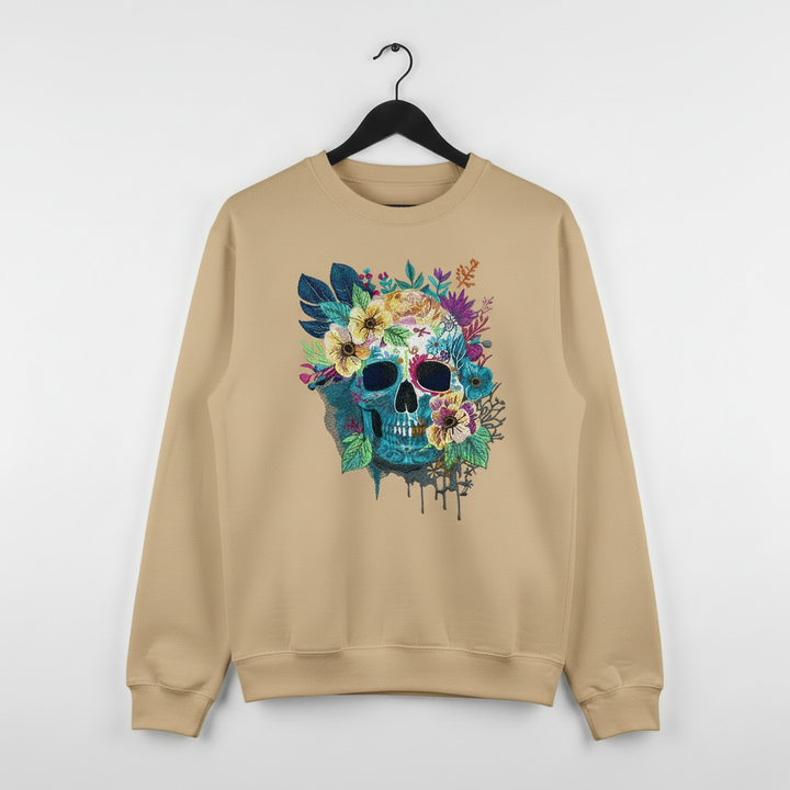 Floral Blue Skull Machine Embroidered Sweatshirt – Hand Finished in Dubai | EmbroMania
