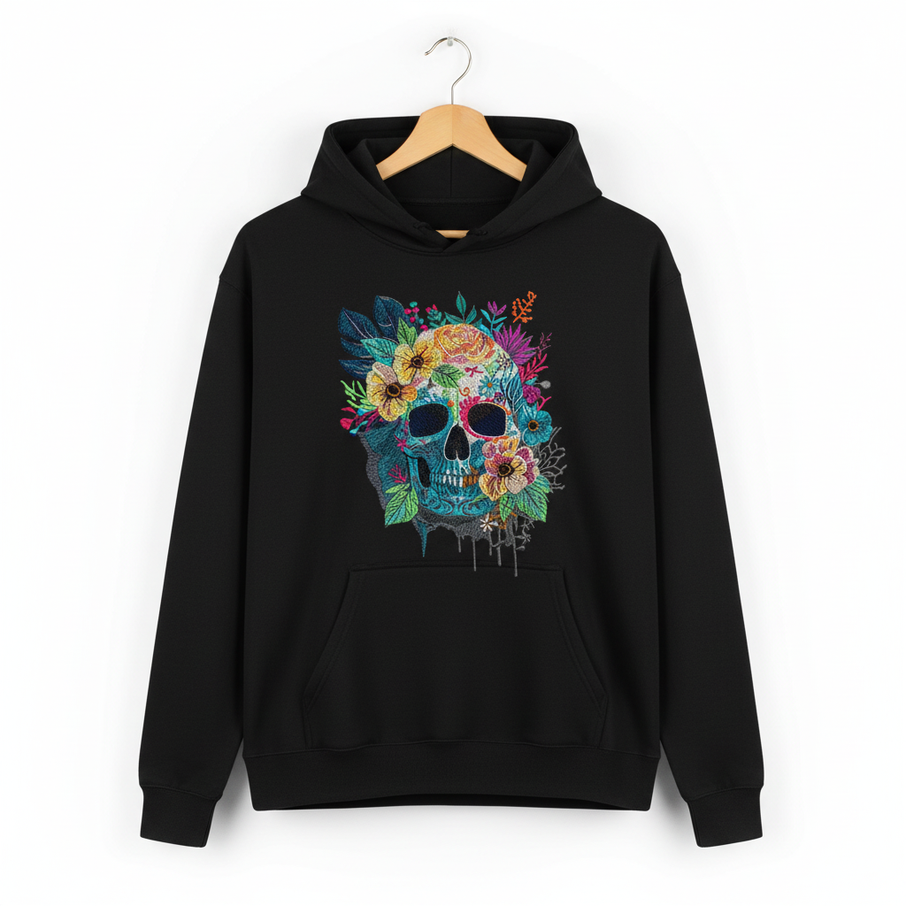 Floral Skull Machine Embroidered Hoodie – Hand Finished in Dubai | EmbroMania