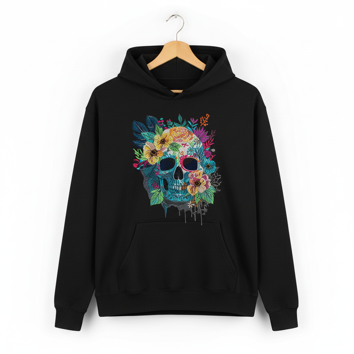 Floral Skull Machine Embroidered Hoodie – Hand Finished in Dubai | EmbroMania