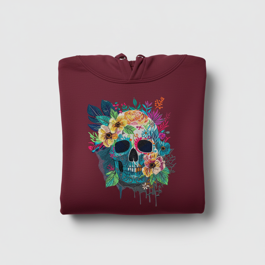 Floral Skull Machine Embroidered Hoodie – Hand Finished in Dubai | EmbroMania
